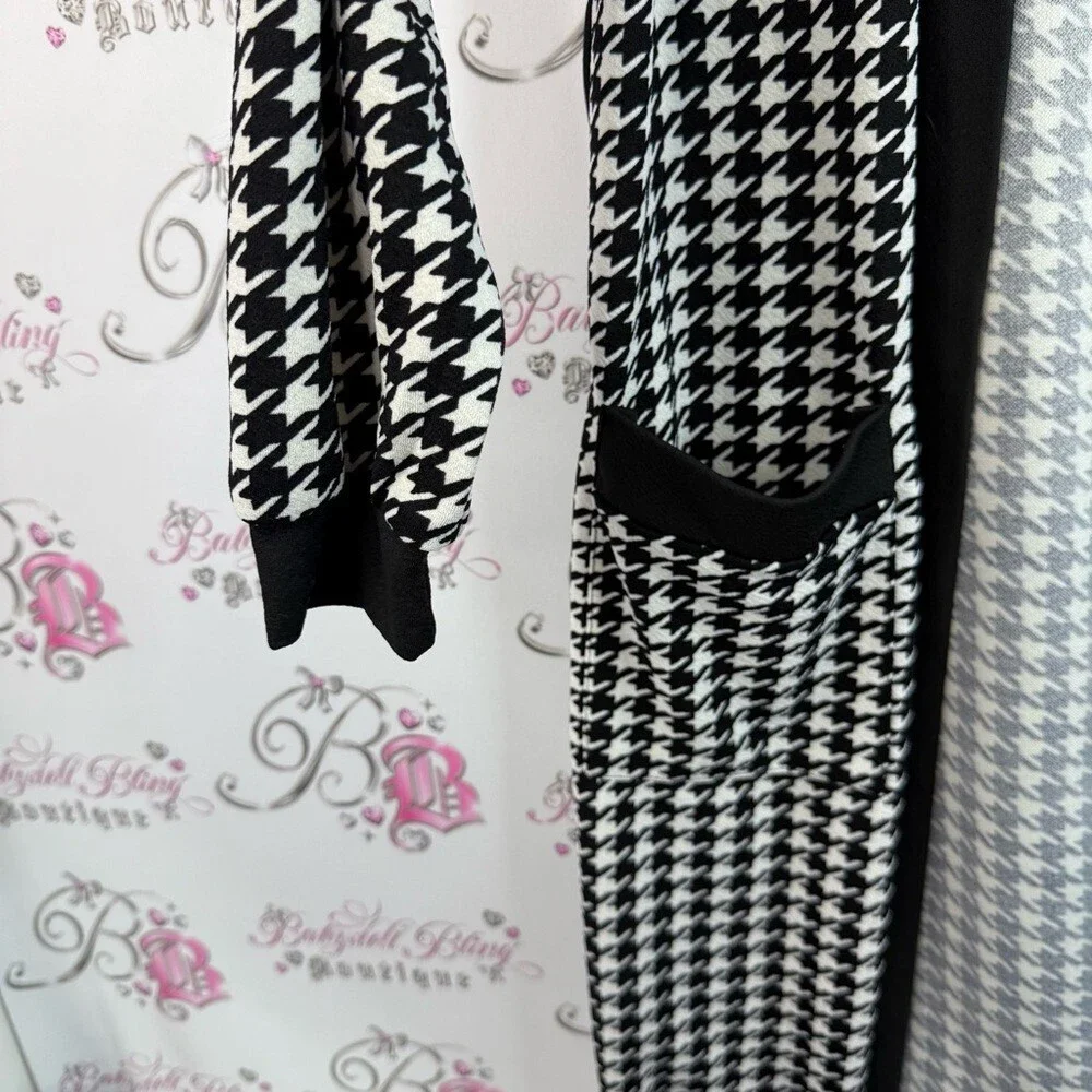 Cardigan long style color block Black and White Houndstooth Long Cardigan